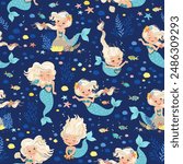 Vector seamless pattern. Beautiful blonde mermaids swimming among fish seaweeds, and corals. Underwater sea life of coral reef