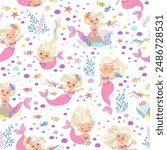 Vector seamless pattern. Beautiful blonde mermaids swimming among fish, algae and corals. Underwater sea life of coral reef