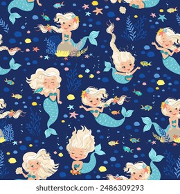 Vector seamless pattern. Beautiful blonde mermaids swimming among fish seaweeds, and corals. Underwater sea life of coral reef