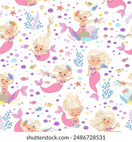 Vector seamless pattern. Beautiful blonde mermaids swimming among fish, algae and corals. Underwater sea life of coral reef