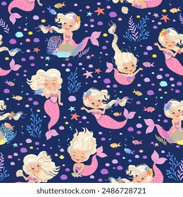 Vector seamless pattern. Beautiful blonde mermaids swimming among fish, algae and corals. Underwater sea life of coral reef