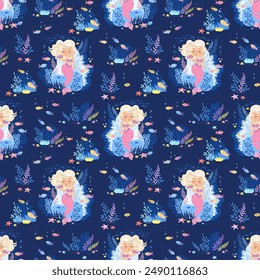 Vector seamless pattern. Beautiful blonde mermaids swimming among fish seaweeds, and corals. Underwater sea life of coral reef