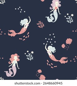 Vector seamless pattern. Beautiful blonde mermaids swimming among fish, algae and corals. Underwater sea life of coral reef Cute pattern, background navy