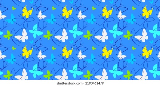 Vector seamless pattern with beautiful butterfly on blue color background. Colorful design of seamless pattern with line and flat butterfly for web, banner, print, textile, greeting card