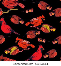 Vector seamless pattern with beautiful cardinals. Vector illustration.