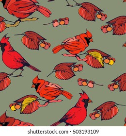 Vector seamless pattern with beautiful cardinals. Vector illustration.