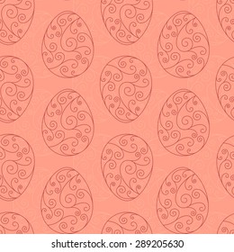 Vector seamless pattern with beautiful carved Easter eggs on pink.