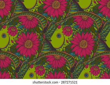 Vector seamless pattern with beautiful colorful hand drawn ornamental floral fishes.