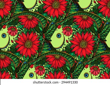 Vector seamless pattern with beautiful colorful hand drawn ornamental floral fishes.