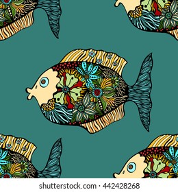 Vector seamless pattern with beautiful colorful hand drawn ornamental floral fishes