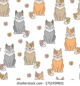 Vector seamless pattern with beautiful cute multicolored cats with flowers on a white background, for packaging design, covers, wallpaper, print on textiles