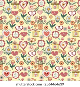 Vector seamless pattern with beautiful cute flowers, hearts and gift box in cartoon style. Hand-Drawn illustrations with inscriptions, hearts, flowers and gifts. Romantic con