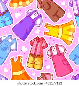 Vector seamless pattern with beautiful dresses. Lovely background for little girl.