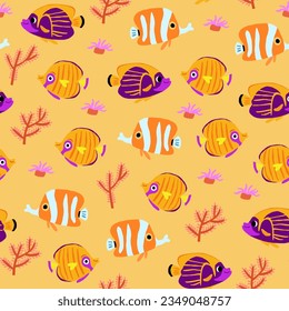 Vector seamless pattern with beautiful exotic fish, coral reafs fish collection with corals, seaweed on orange background. Exotic tropical fishvpattern. Hawaii resort print with colorful fish