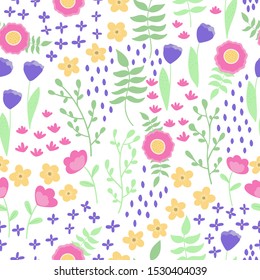 Vector seamless pattern, beautiful fantasy abstract flowers and plants on white background. Scandinavian style, pastel colors.