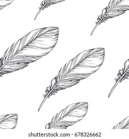Vector seamless pattern with beautiful feathers isolated on white. Vintage hand drawn illustration of natural elements. Engraving style