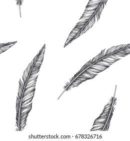 Vector seamless pattern with beautiful feathers isolated on white. Vintage hand drawn illustration of natural elements. Engraving style