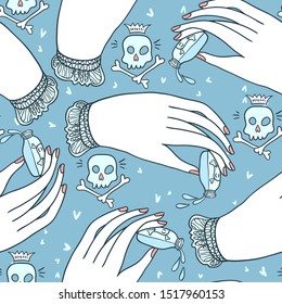 vector seamless pattern with beautiful female hands holding poison bottles