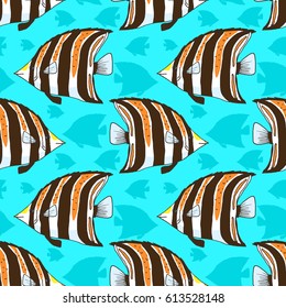 Vector seamless pattern with beautiful fish, coral fish hand drawn colorful illustration. Sketch with western talma fish, marine animal