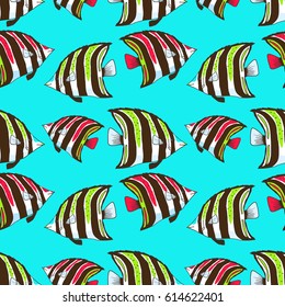 Vector seamless pattern with beautiful fish, coral fish hand drawn colorful illustration. Sketch with western talma fish, marine animal
