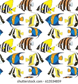 Vector seamless pattern with beautiful fishes, coral fish hand drawn colorful illustration. Sketch with different fishes, marine animals