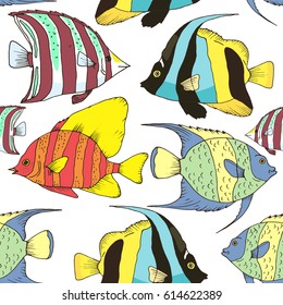 Vector seamless pattern with beautiful fishes, coral fish hand drawn colorful illustration. Sketch with different fishes, marine animals