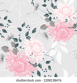 Vector seamless pattern of a beautiful floral bouquet with Japanese chrysanthemum and herbs. Light gray background