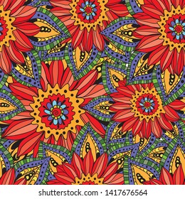 Vector seamless pattern with beautiful flowers. Flora, print. Zentangl style, art print. Fashion, Memphis style design. Ethnic hipster background. Wallpaper, fabric design, fabric, paper, cover, texti