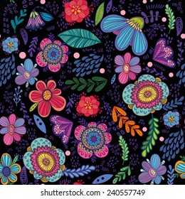 Vector seamless pattern of beautiful flowers in bright colors.