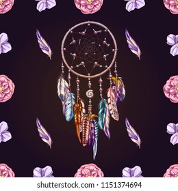 Vector seamless pattern with beautiful hand drawn dream catcher on a deep dark background. Detailed amulet and elements for your design and textiles