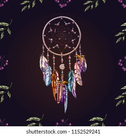 Vector seamless pattern with beautiful hand drawn dream catcher on a deep dark background. Detailed amulet and elements for your design and textiles
