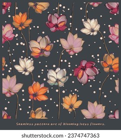 Vector seamless pattern with Beautiful hand drawn lotus flowers and leaves ,Sketch floral background, Design for card, print, template, wallpaper, texture