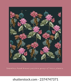 Vector seamless pattern with Beautiful hand drawn lotus flowers and leaves ,Sketch floral background, Design for card, print, template, wallpaper, texture