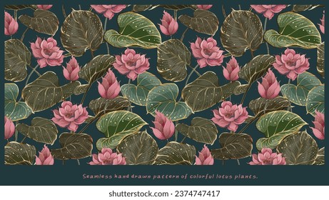 Vector seamless pattern with Beautiful hand drawn lotus flowers and leaves ,Sketch floral background, Design for card, print, template, wallpaper, texture