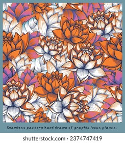Vector seamless pattern with Beautiful hand drawn lotus flowers and leaves. Sketch floral background, Design for card, print, template, wallpaper, texture.