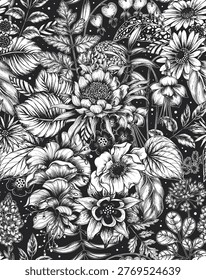 Vector seamless pattern with beautiful hand drawn black and white unusual blooming flowers on black background.