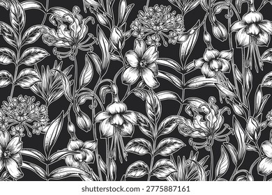 Vector seamless pattern with beautiful hand drawn black and white unusual blooming flowers on black background.