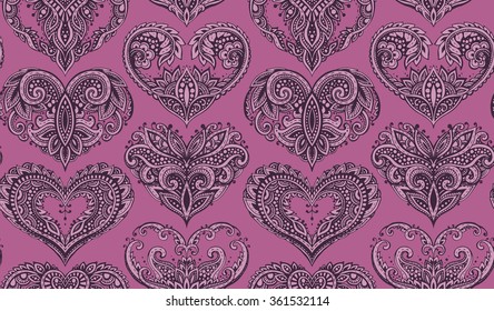 Vector seamless pattern with beautiful hand drawn hearts in zentangle style.  Valentine's day background