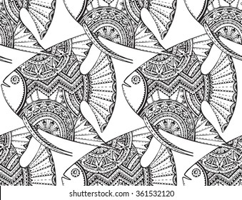 Vector seamless pattern with beautiful hand drawn fishes in zentangle graphic style.