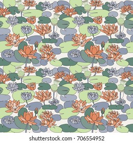 Vector seamless pattern with Beautiful  hand drawn lotus flowers and leaves. Sketch floral  background, Design for card, print, template, wallpaper, texture.