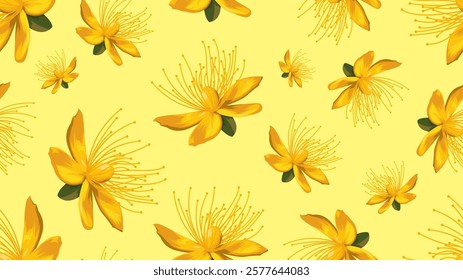 Vector seamless pattern of beautiful Hypericum Perforatum flower blooming. Suitable for background, wrapping, fabric texture pattern. Yellow flower pattern
