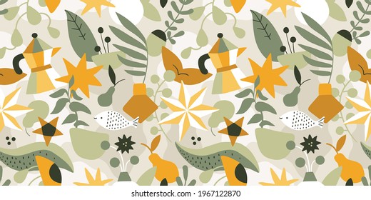 Vector seamless pattern with beautiful interiour decor, vase, geyser coffee maker, stars in a simple scandinavian style. Colorful cozy illustration in a handdrawn style. For print, wallpaper, textile.
