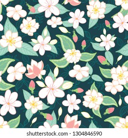 Vector of seamless pattern with beautiful jasmine blooming on green background. Design for textile, fabric, wallpaper, wrapping paper, scrap book and packaging.