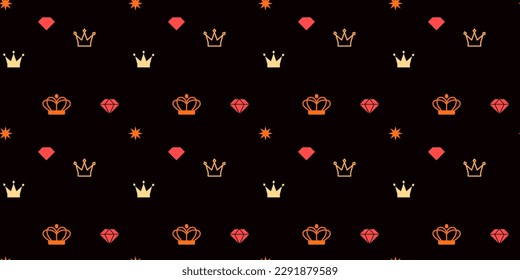 Vector seamless pattern with beautiful jewelry on black color background. Flat line art style design of seamless pattern with crown, diamond, star for web, banner, poster, print