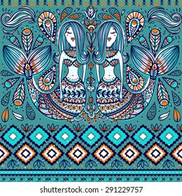 vector  seamless pattern with beautiful mermaids and folk elements