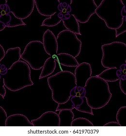 Vector seamless pattern. Beautiful orchids painted colored dots on a black background.