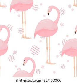 Vector seamless pattern with beautiful pale pink flamingos looking over the back.Trendy fashion print. Lovely tropical jungle inhabitants. Layouts design composition for World Pink Flamingo Day. 