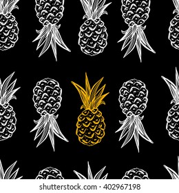 Vector seamless pattern with beautiful pineapples. Seamless pattern on black background with one yellow fruit. Summer pattern. Fruit pattern. Thai pattern with doodle fruits.