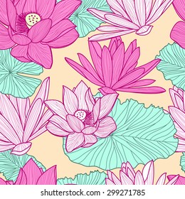 Vector seamless pattern with beautiful pink lotus flower and green leaves. Floral illustration background.