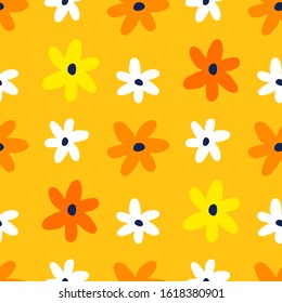 Vector seamless pattern with beautiful simple flower on yellow color background. Flat style daisy flower pattern design for web site and fabric or textile print